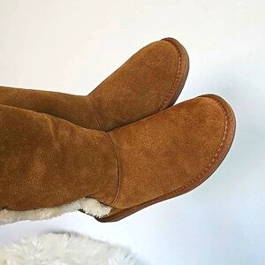 Minnetonka Mid Calf Winter Boots Suede Faux Fur Brown Slip On Women's Size 9 🌴
